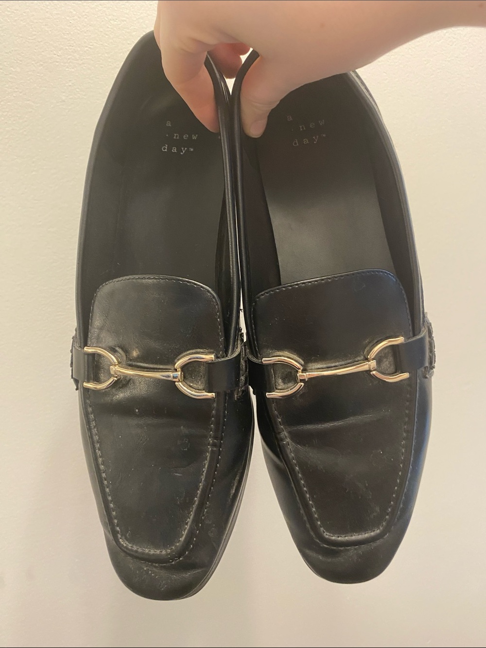 a new day Black Leather Loafers with Gold Bit